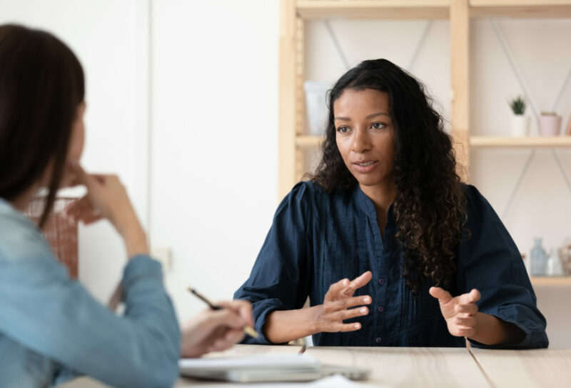 Confident,African,American,Woman,Candidate,Speaking,At,Job,Interview,,Answering